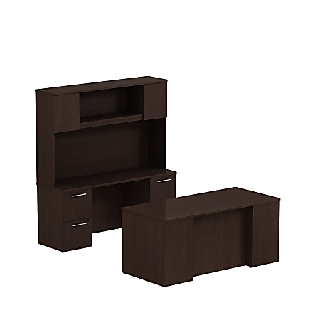 Bush Business Furniture 300 Series Office Desk And Credenza With Hutch And Storage, 66"W x 30"D, Mocha Cherry, Standard Delivery