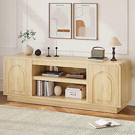 Bestier Wide Storage Cabinet with 2 Doors and Open Shelving, Natural Oak