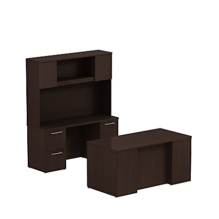 Bush Business Furniture 300 Series Office Desk And Credenza With Hutch And Storage, 60"W x 22"D, Mocha Cherry, Premium Installation