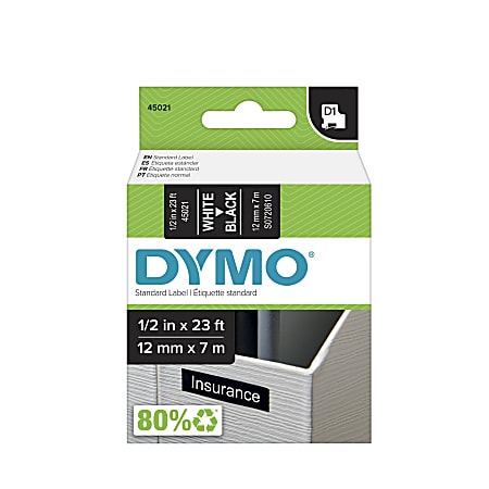 DYMO® D1 45021 White-On-Black Tape, 0.5" x 23'