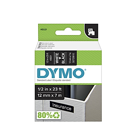 DYMO® D1 45021 White-On-Black Tape, 0.5
