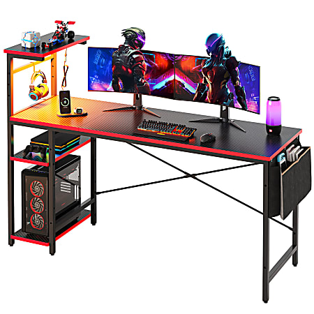 Bestier RGB Gaming Desk With Storage Shelf Side Pocket 62 W Black 3D Carbon Fiber Office Depot