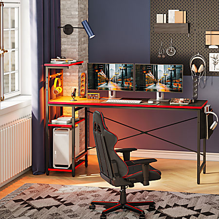 Bestier RGB Gaming Desk With Storage Shelf Side Pocket 62 W Black 3D Carbon Fiber Office Depot