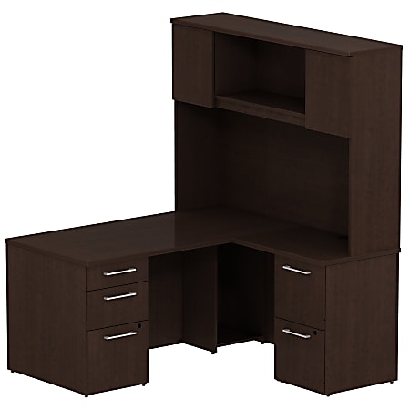 Bush Business Furniture 300 Series L Shaped Desk With Hutch And 2 Pedestals 60"W x 30"D, Mocha Cherry, Premium Installation