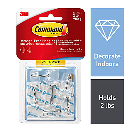 Command Medium Wire Hooks 6 Hooks 8 Clear Adhesive Strips Damage Free Hanging Picture Hangers No Tools Wall Hanging Strips For Living Spaces ODP Business Solutions