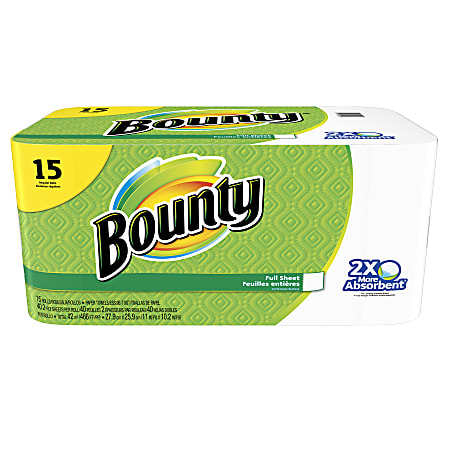 Bounty® 2-Ply Paper Towels, 11" x 10 1/5", White, 40 Sheets Per Roll, Pack Of 15 Rolls