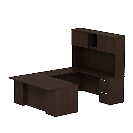 Bush Business Furniture 300 Series U Shaped Desk with Hutch and 2 Pedestals, 72"W x 36"D, Mocha Cherry, Premium Installation