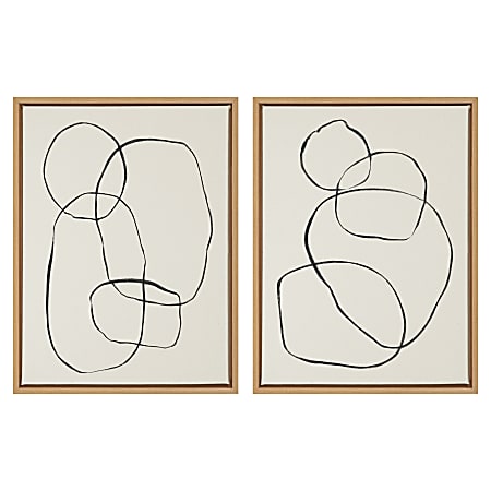 Uniek Kate And Laurel Sylvie Framed Canvas Wall Art Prints, 18" x 24", Modern Circles And Going in Circles Natural, Set Of 2