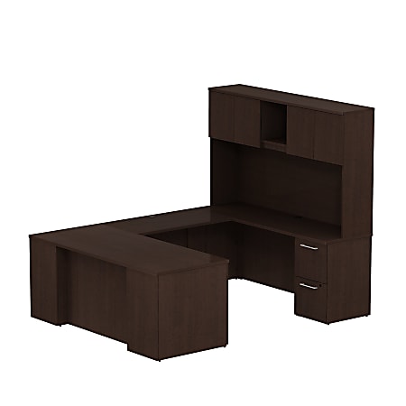Bush Business Furniture 300 Series U Shaped Desk With Hutch And 2 Pedestals, 72"W x 30"D, Mocha Cherry, Standard Delivery