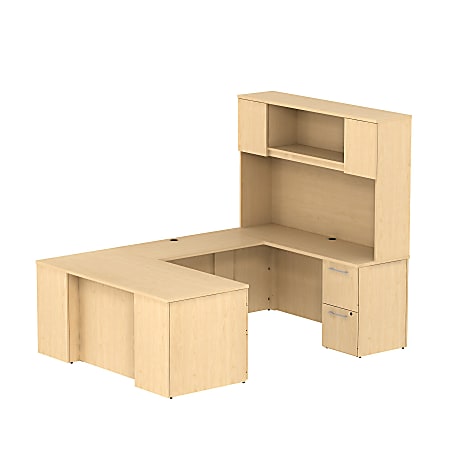 Bush Business Furniture 300 Series U Shaped Desk With Hutch And 2 Pedestals, 66"W x 30"D, Natural Maple, Premium Installation