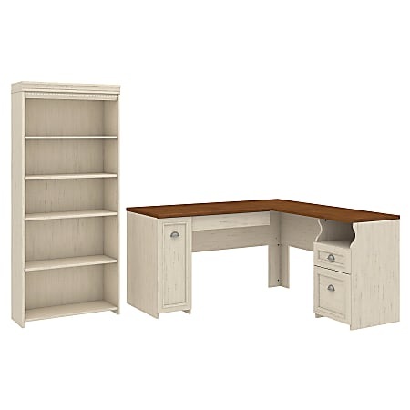 Bush Business Furniture Fairview 60"W L-Shaped Corner Desk With 5-Shelf Bookcase, Antique White, Standard Delivery
