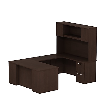 Bush Business Furniture 300 Series U Shaped Desk With Hutch And 2 Pedestals, 66"W x 30"D, Mocha Cherry, Premium Installation