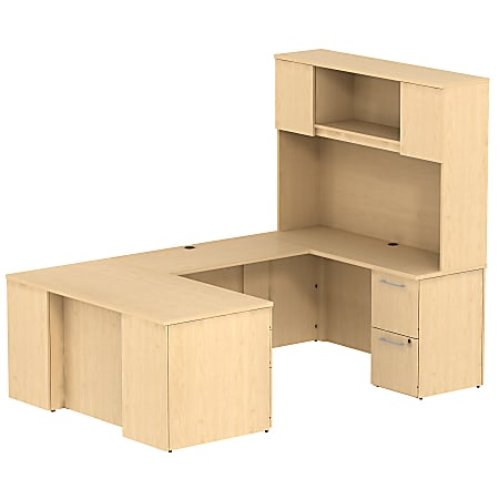 Bush Business Furniture 300 Series U Shaped Desk With Hutch And 2 Pedestals, 60"W x 30"D, Natural Maple, Standard Delivery
