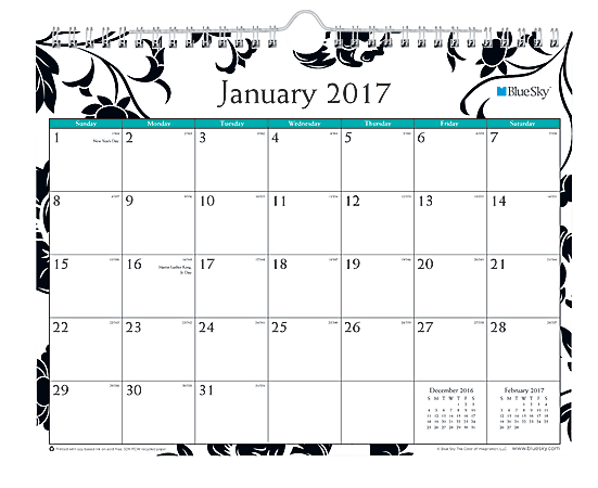 Blue Sky™ Monthly Wall Calendar, 11" x 8", 50% Recycled, Barcelona, January–December 2017