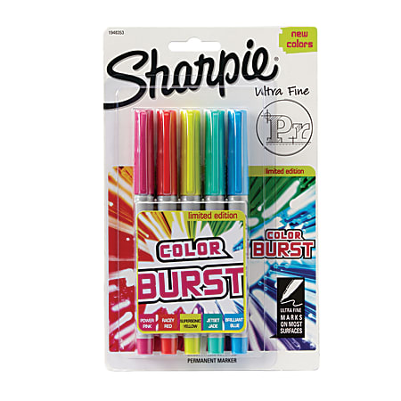 Sharpie® Color Burst Permanent Markers, Ultra-Fine Point, Assorted Colors, Pack Of 5