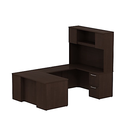 Bush Business Furniture 300 Series U Shaped Desk With Hutch And 2 Pedestals, 60"W x 30"D, Mocha Cherry, Premium Installation