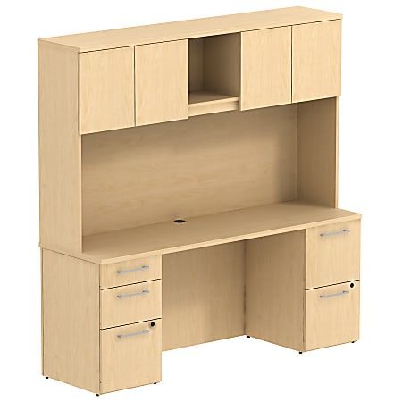 Bush Business Furniture 300 Series Office Desk With Hutch And 2 Pedestals, 72"W x 22"D, Natural Maple, Premium Installation