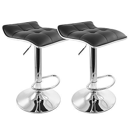 Elama Tufted Faux Leather Adjustable Bar Stools, Low Back, Black/Chrome, Set Of 2 Stools