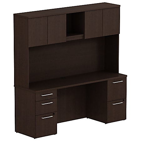 Bush Business Furniture 300 Series Office Desk With Hutch And 2 Pedestals, 72"W x 22"D, Mocha Cherry, Premium Installation