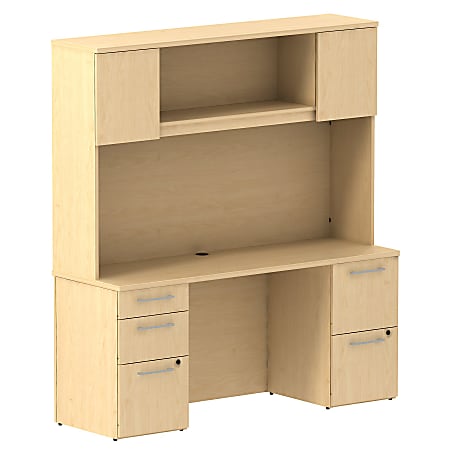 Bush Business Furniture 300 Series Office Desk With Hutch And 2 Pedestals, 66"W x 22"D, Natural Maple, Premium Installation