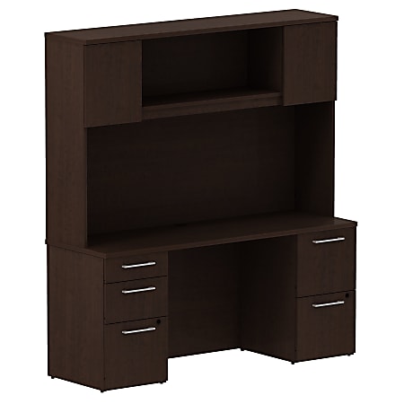 Bush Business Furniture 300 Series Office Desk With Hutch And 2 Pedestals, 66"W x 22"D, Mocha Cherry, Premium Installation