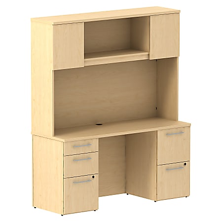 Bush Business Furniture 300 Series Office Desk With Hutch And 2 Pedestals, 60"W x 22"D, Natural Maple, Premium Installation