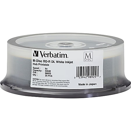 Verbatim M DISC BD-R DL - 8x - 50 GB - hite Inkjet Printable, Hub Printable - 25pk Spindle - 25pk Spindle