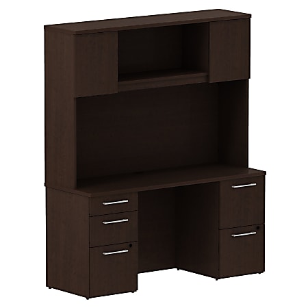 Bush Business Furniture 300 Series Office Desk With Hutch And 2 Pedestals, 60"W x 22"D, Mocha Cherry, Premium Installation