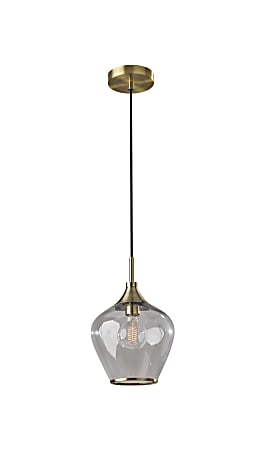 Adesso® Bradford Pendant Lamp, 12-3/4”H x 9”W, Clear Shade/Antique Brass Base