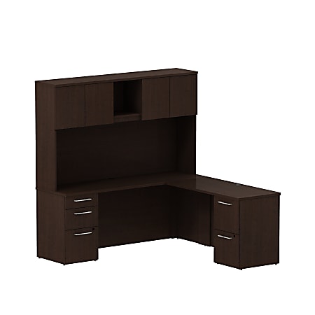Bush Business Furniture 300 Series L Shaped Desk With Hutch And 2 Pedestals 72"W x 22"D, Mocha Cherry, Premium Installation