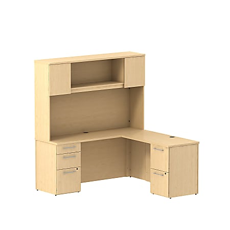 Bush Business Furniture 300 Series L Shaped Desk With Hutch And 2 Pedestals 66"W x 22"D, Natural Maple, Standard Delivery