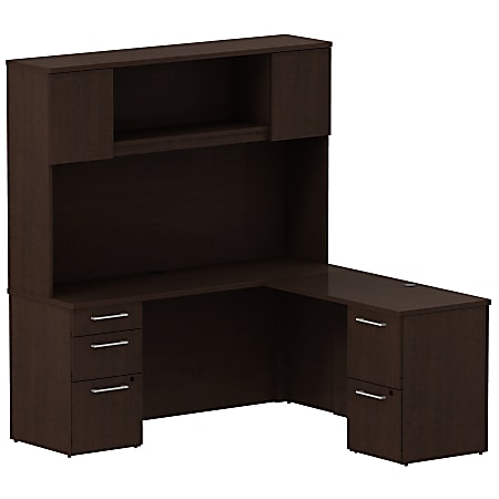 Bush Business Furniture 300 Series L Shaped Desk With Hutch And 2 Pedestals 66"W x 22"D, Mocha Cherry, Standard Delivery