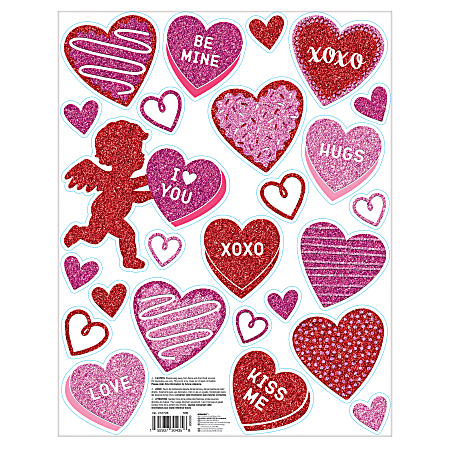 Amscan Glitter Valentine's Day Vinyl Cling Decals, Assorted Sizes, Red/Pink, 25 Decals Per Pack, Set Of 3 Packs