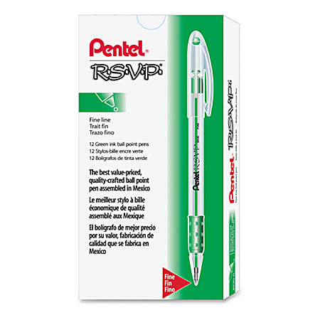 Pentel R.S.V.P. Ballpoint Stick Pens - Fine Pen Point - 0.7 mm Pen Point Size - Refillable - Green - Clear Barrel - 1 Dozen