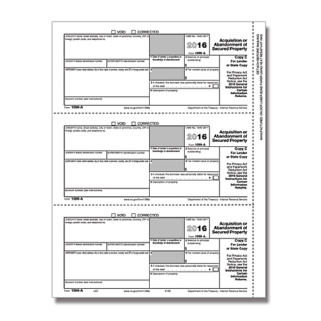ComplyRight 1099-A Inkjet/Laser Tax Forms For 2016, Lender Copy C, 8 1/2" x 11", Pack Of 50