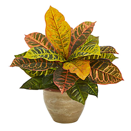 Nearly Natural Garden Croton 15"H Artificial Plant With Ceramic Planter, 15"H x 13"W x 7"D, Orange/Natural
