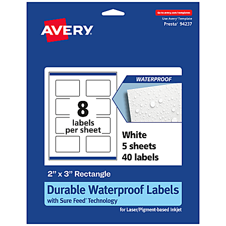 Avery® Waterproof Permanent Labels With Sure Feed®, 94237-WMF5, Rectangle, 2" x 3", White, Pack Of 40