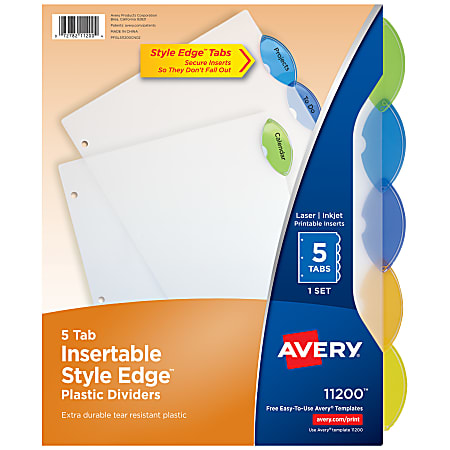Avery® Style Edge™ Insertable Plastic Dividers, Multicolor, 5-Tab, Pack Of 5 Dividers