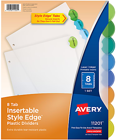 Avery® Style Edge™ Insertable Plastic Dividers, Multicolor, 8-Tab, Pack Of 8 Dividers