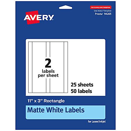 Avery® Permanent Labels, 94265-WMP25, Rectangle, 11" x 3", White, Pack Of 50