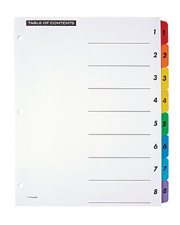 Office Depot® Brand Table Of Contents Customizable Index With Preprinted Tabs, Multicolor, Numbered 1-8, Pack Of 6 Sets