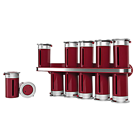Honey-Can-Do Zero Gravity™ Wall-Mount Magnetic Spice Rack, 12 Canisters, 7 1/2"H x 14 1/4"W x 3"D, Red/Silver