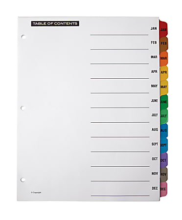 Office Depot® Brand Table Of Contents Customizable Index With Preprinted Tabs, Multicolor, January-December