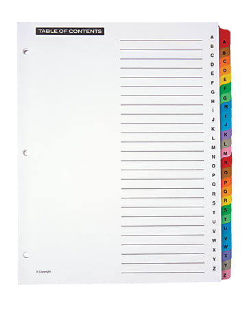 Office Depot® Brand Table Of Contents Customizable Index With Preprinted Tabs, Multicolor, A-Z