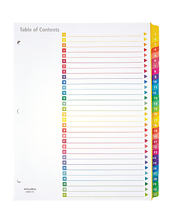 Office Depot® Brand Table Of Contents Customizable Index With Preprinted Tabs, Multicolor, Numbered 1-31