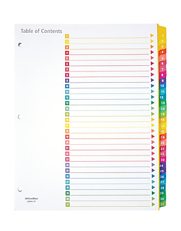 Office Depot® Brand Table Of Contents Customizable Index With Preprinted Tabs, Multicolor, Numbered 1-31