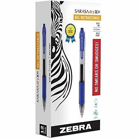 Zebra® Pen SARASA® X20 Retractable Gel Pens, Pack Of 12, Bold Point, 1.0 mm, Transparent Barrel, Blue