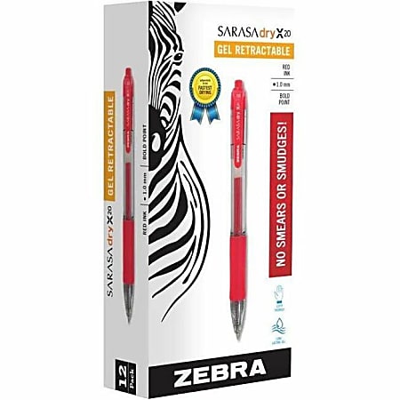 Zebra® Pen SARASA® X20 Retractable Gel Pens, Pack Of 12, Bold Point, 1.0 mm, Translucent Barrel, Red Ink