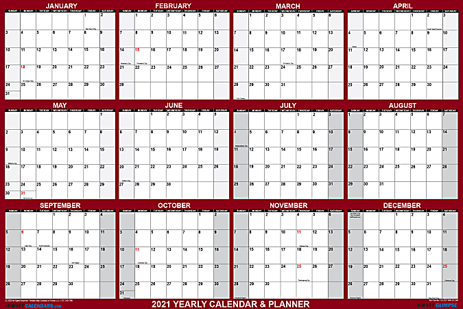 SwiftGlimpse 2-Sided Yearly Erasable Wall Calendar, 32" x 48", Burgundy/Maroon, January To December 2021