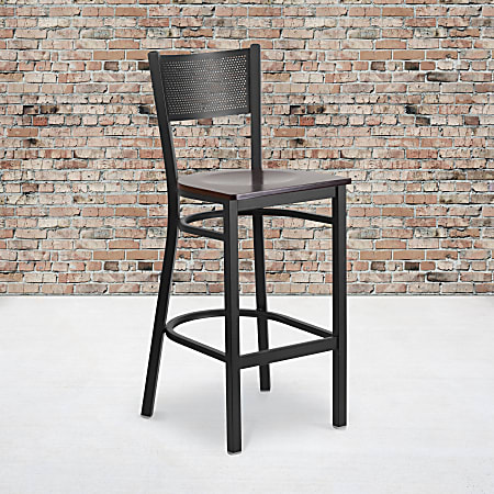 Flash Furniture Metal Restaurant Barstool With Grid Back, Walnut/Black